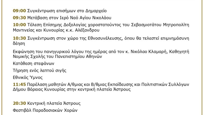 Δήμος Β.Κυνουρίας-Πρόγραμμα εορταστικών εκδηλώσεων της 199ης Επετείου Β΄ Εθνοσυνέλευσης