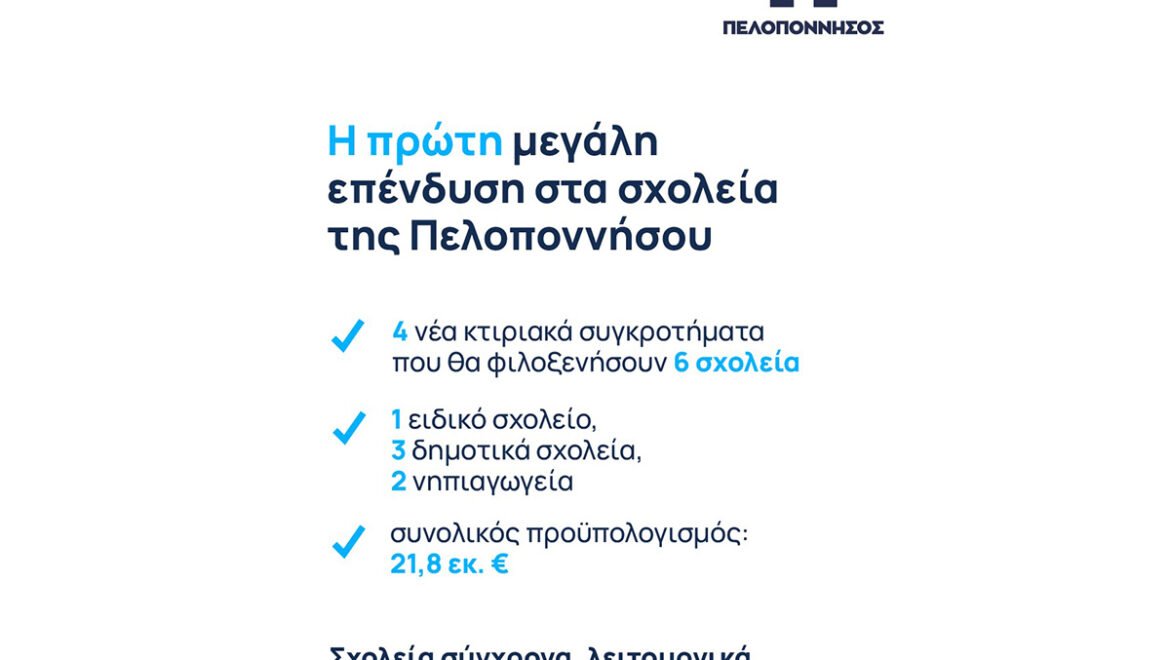 Μεγάλη παρέμβαση της Περιφέρειας Πελοποννήσου στην εκπαίδευση «Πάνω από 21,8 εκατ. € για σύγχρονες σχολικές υποδομές»