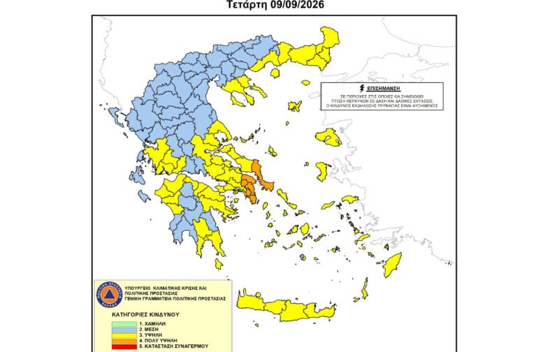 Yψηλός κίνδυνος πυρκαγιάς για την ΠΕ Αργολίδας, την ΠΕ Κορινθίας και την ΠΕ Λακωνίας για την Τετάρτη 9 Σεπτεμβρίου 2026
